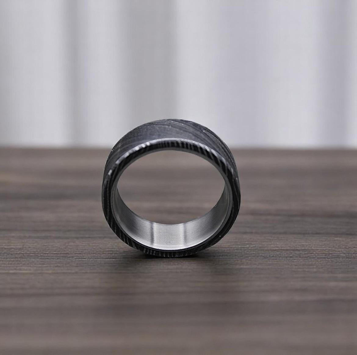 Hand Forged Damascus Steel Ring: Titanium Wood Wedding Band