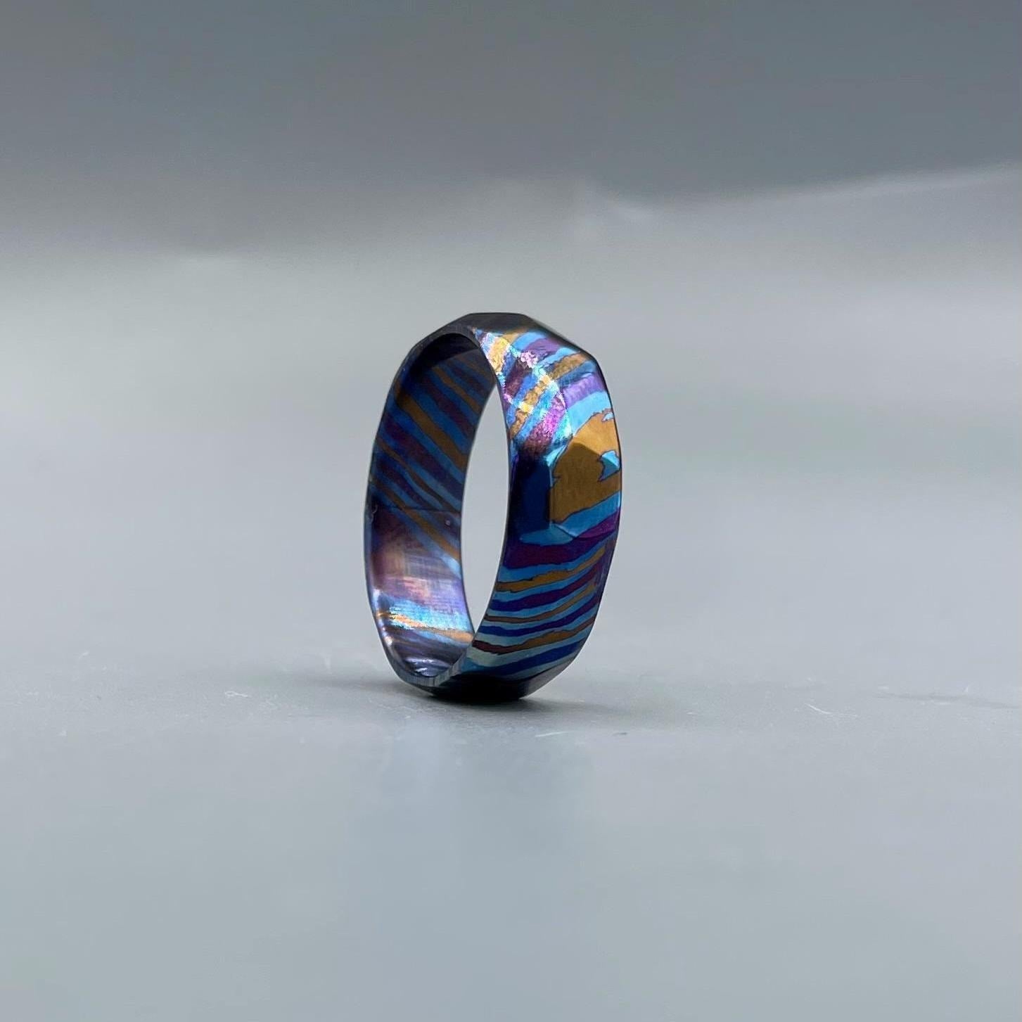 Anodized Timascus Ring: Multicolor Titanium Damascus Wedding Band