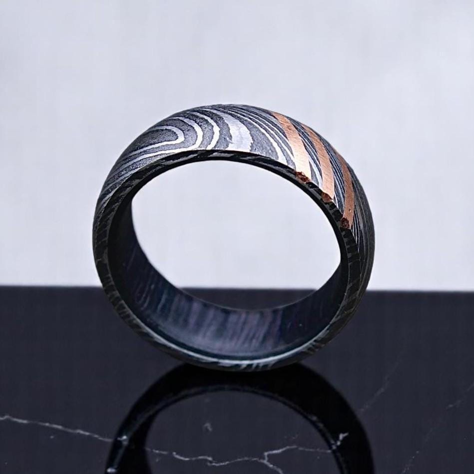 Damascus Steel Whiskey Barrel Wood Ring - Handmade Promise Ring