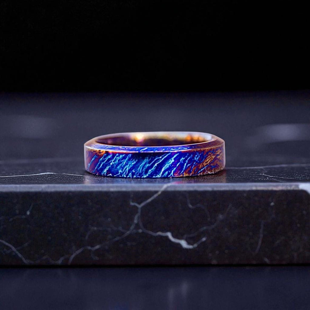 Handmade Flame Titanium Ring – Bold Iridescent Band – Colorful Wedding or Statement Jewelry.