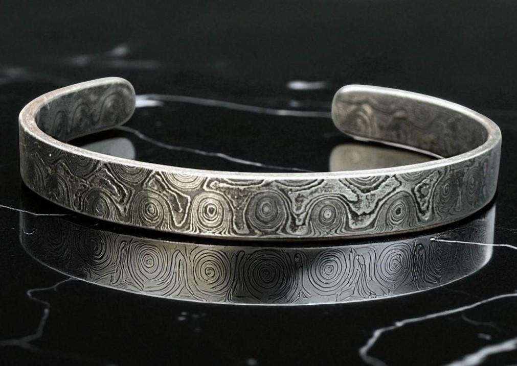 Hand Forged Damascus Steel Cuff Bracelet: Rustic Silver Swirl Design