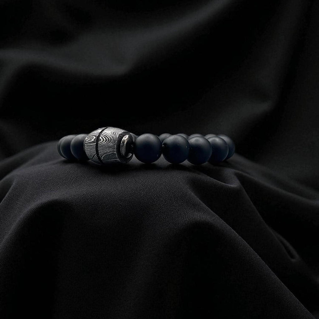 Black Onyx Bead Bracelet with Damascus Steel Barrel – Handmade Gemstone Jewelry with Gift Box.