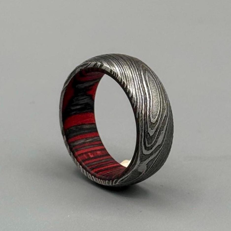 Damascus Steel Ring: Whiskey Barrel Wood Inlay, Mens Promise Ring