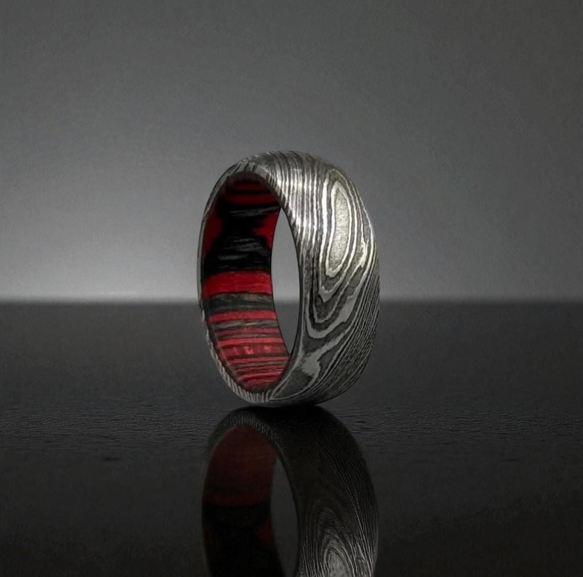 Damascus Steel Ring with Red Liner: Gothic Men's Wedding Band
