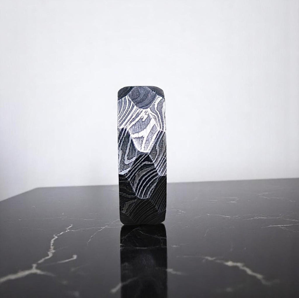 Handmade Damascus Steel Wedding Band: Whiskey Barrel Wood Inlay, Hammered Finish