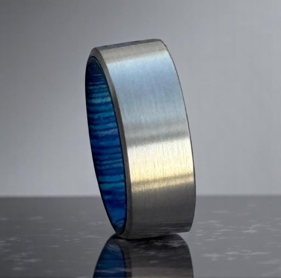 Blue Wood Inlay Titanium Ring: Handmade Brushed Silver Wedding Band