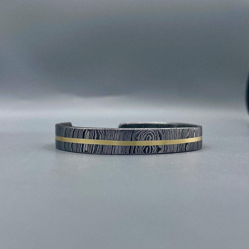 Damascus Steel Cuff Bracelet: Gold Inlay, Handmade Rustic Bangle