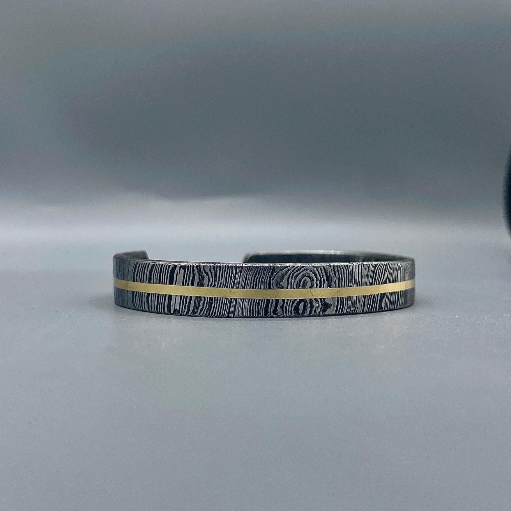 Damascus Steel Cuff Bracelet: Gold Inlay, Handmade Rustic Bangle
