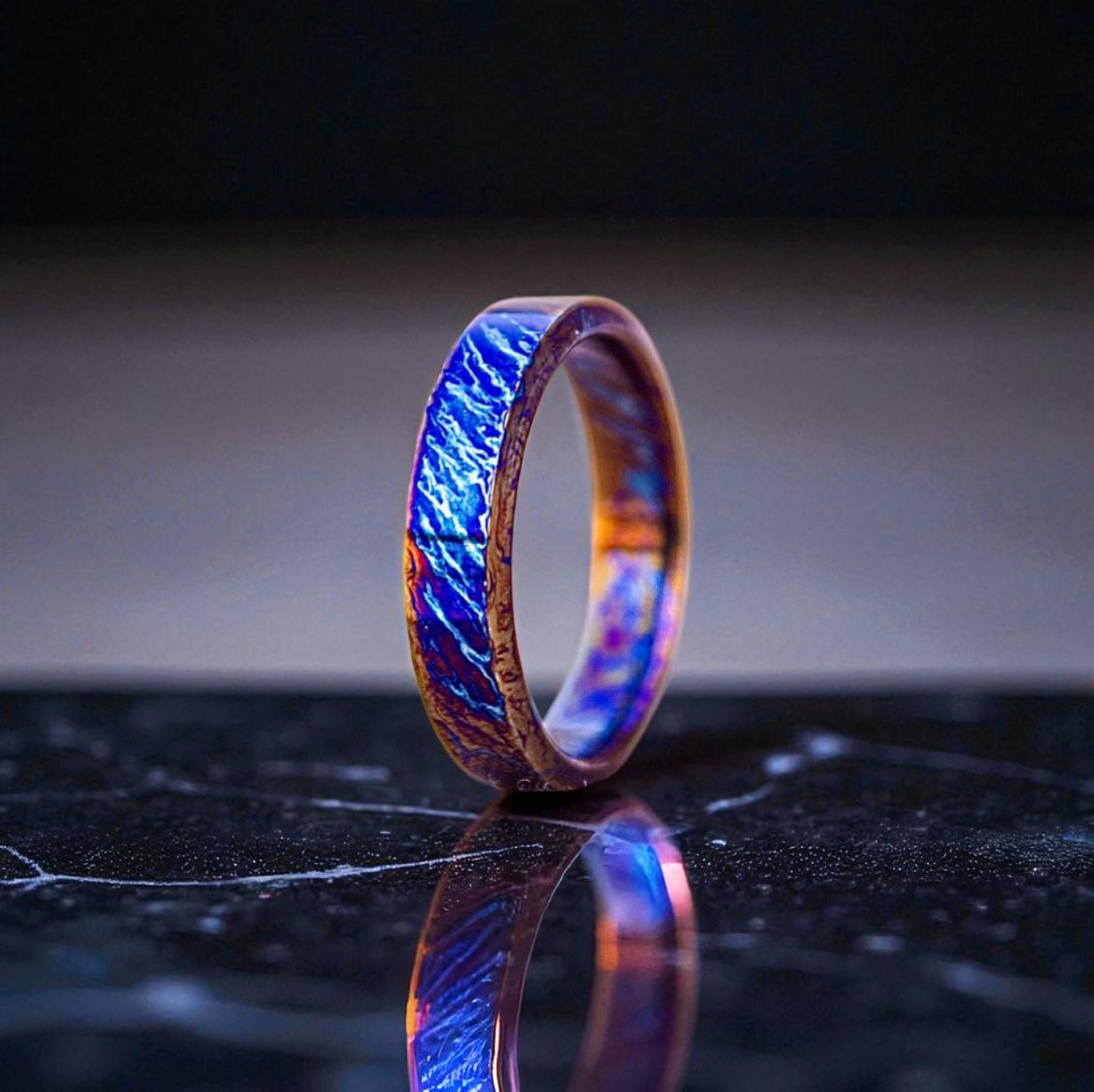 Handmade Flame Titanium Ring – Bold Iridescent Band – Colorful Wedding or Statement Jewelry.