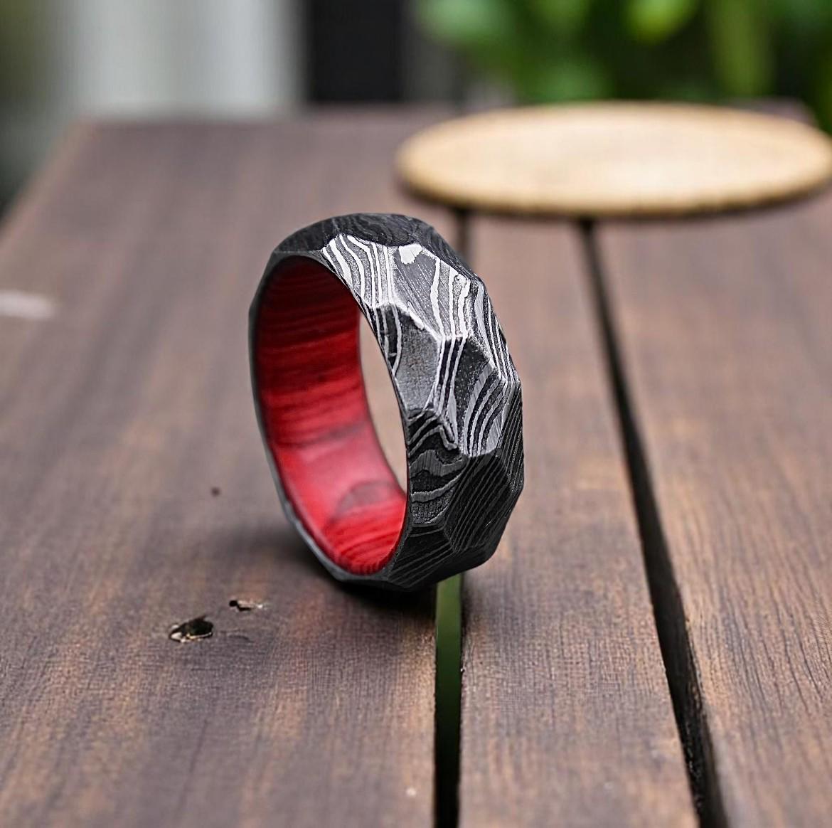 Rock Hammered Damascus Steel Ring: Diamond Cut Wood Wedding Band