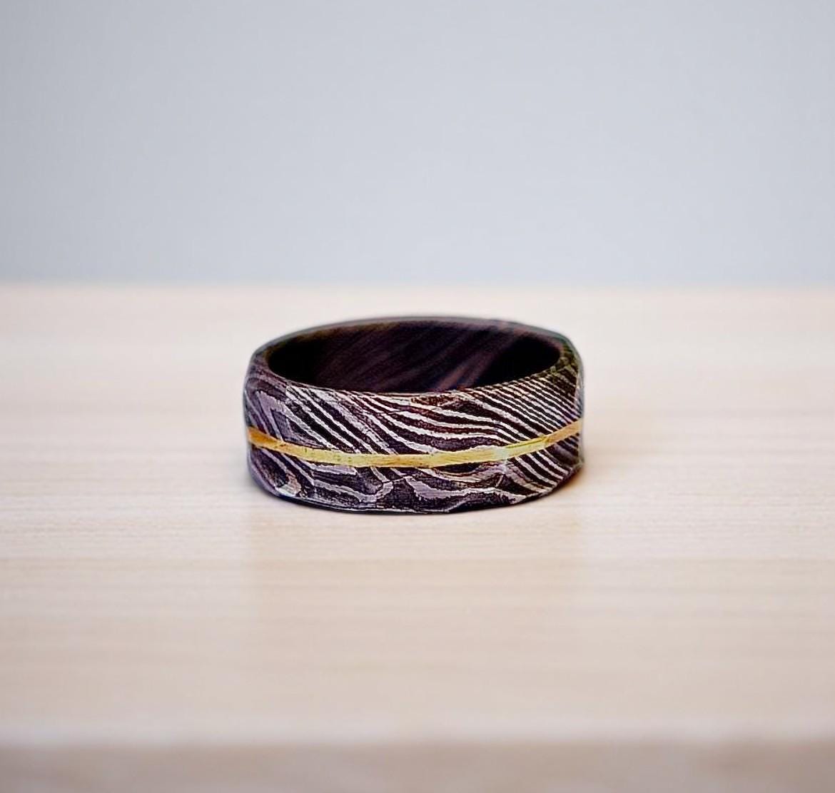 Damascus Steel Whiskey Barrel Ring: Hammered Promise Ring