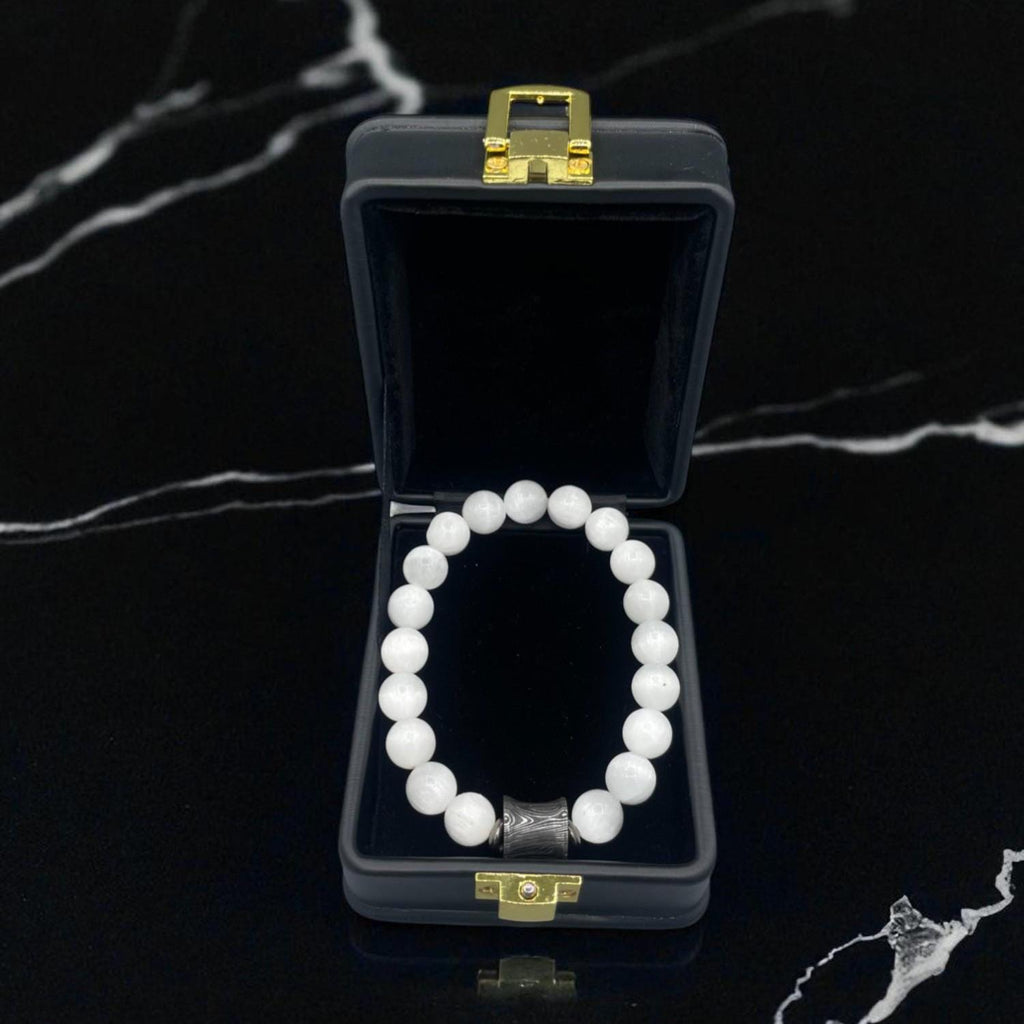 Selenite Bead Bracelet 10mm with Damascus Steel Barrel – Healing Crystal Jewelry with Gift Box.