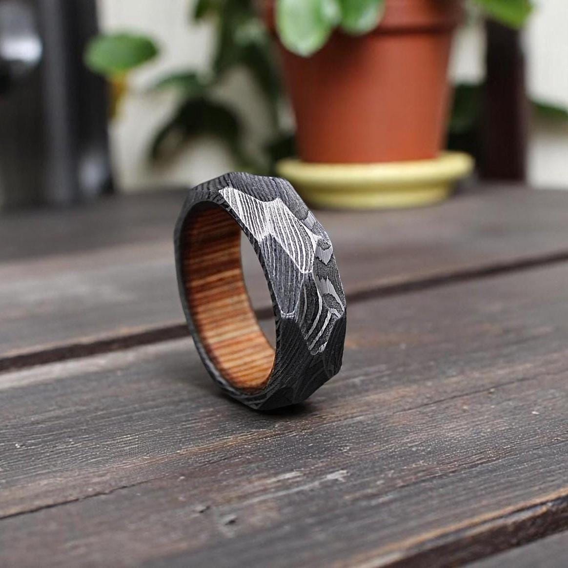 Twist Damascus Steel Ring: Rock Hammered Wedding Band