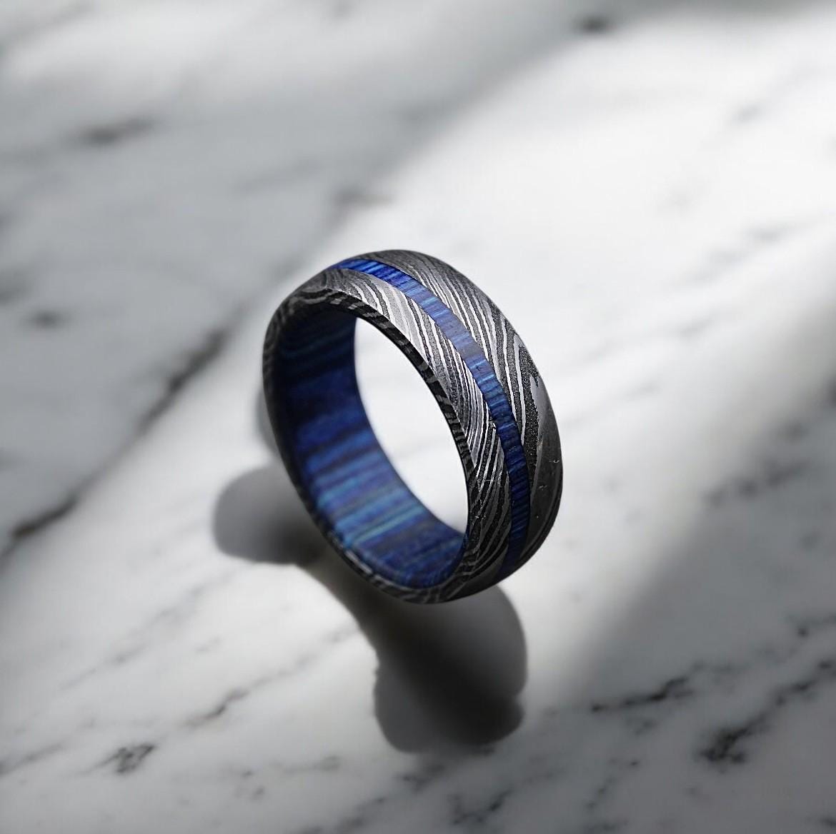 Damascus Steel Wedding Band: Whiskey Barrel Wood Inlay Ring