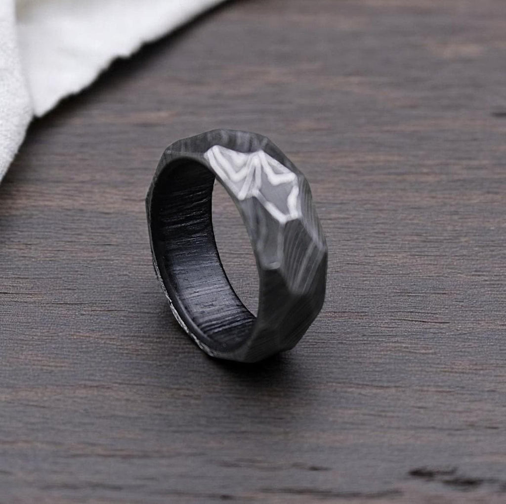 Handmade Damascus Steel Ring: Rock Hammered Twist Wedding Band