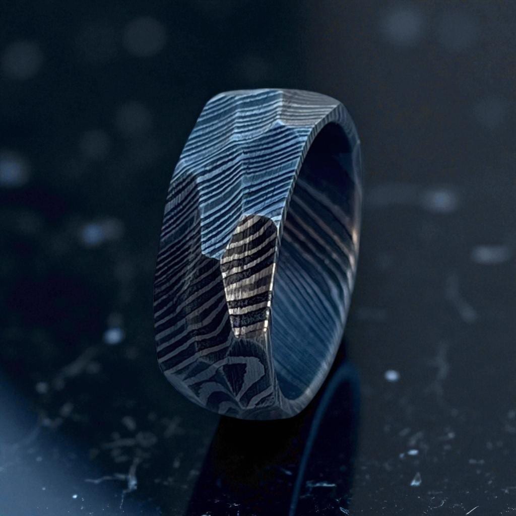 Wooden ring with a unique grain pattern on a dark background