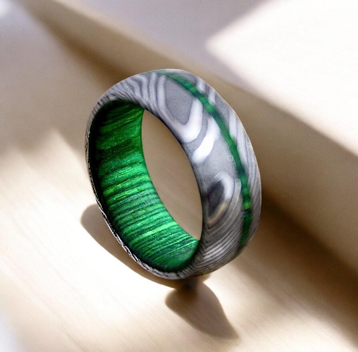Damascus Steel Ring: Whiskey Barrel Wood Inlay Wedding Band