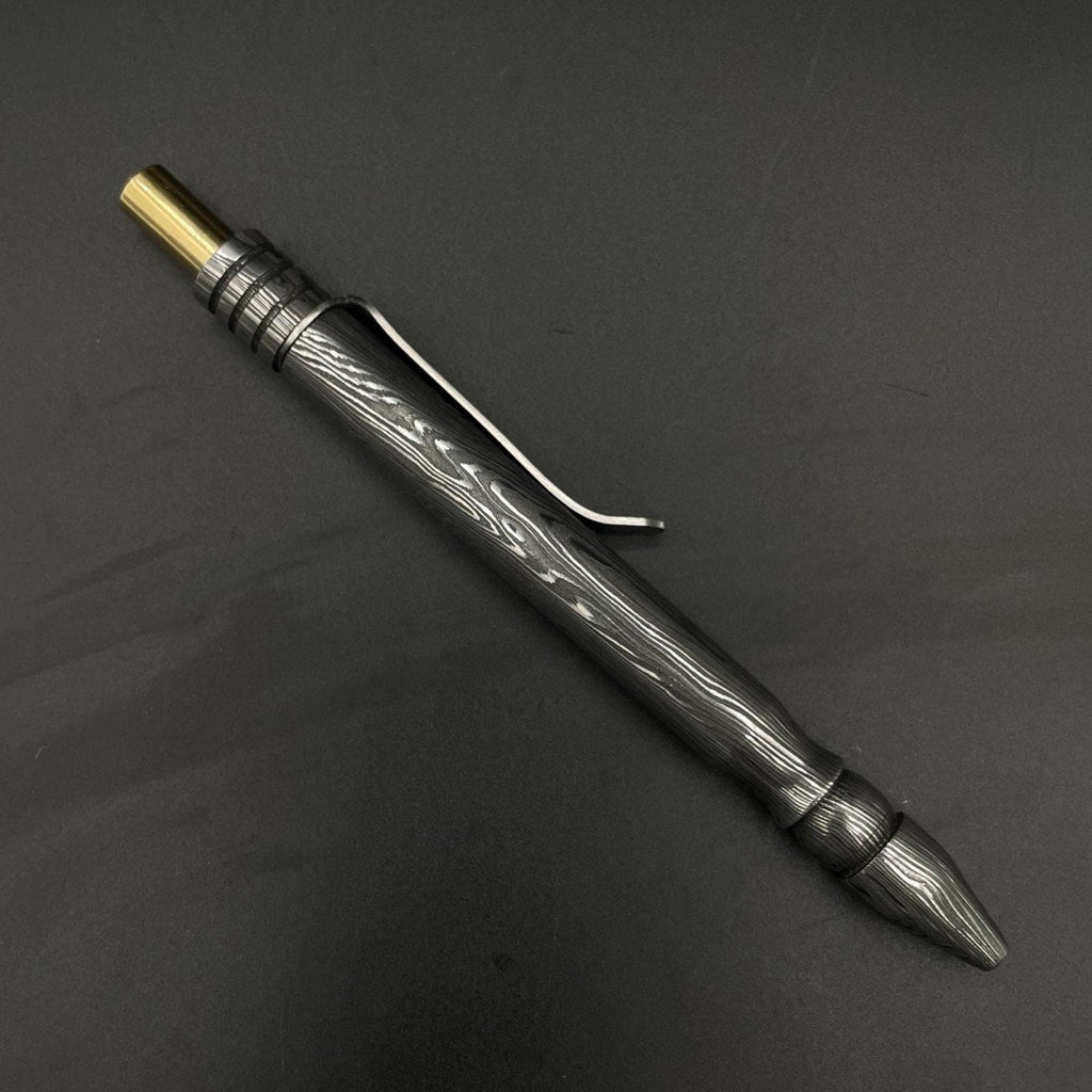 Handmade Damascus Steel Pen: Brass Accents, Luxury Writing Instrument