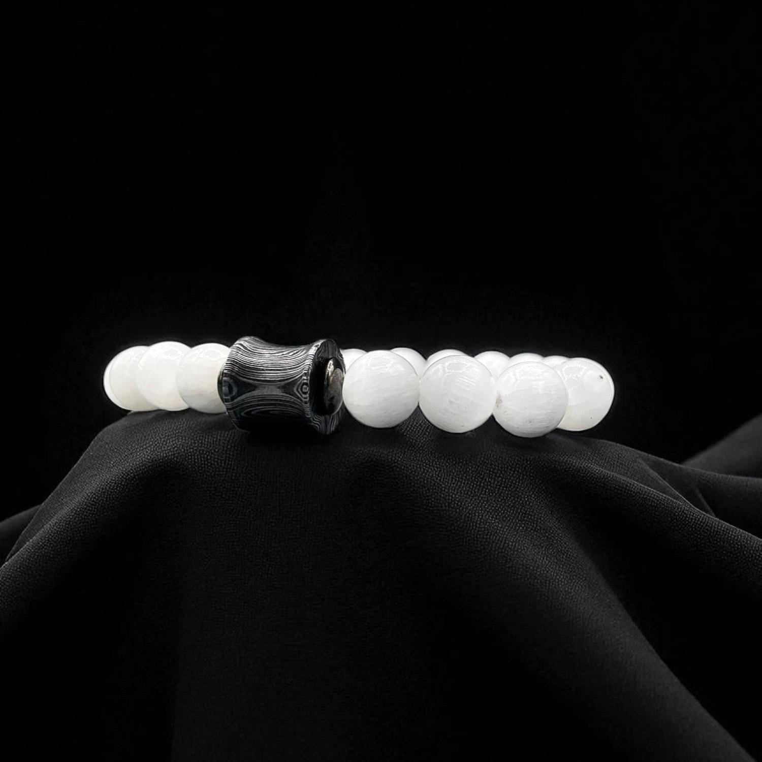 Selenite Bead Bracelet 10mm with Damascus Steel Barrel – Healing Crystal Jewelry with Gift Box.