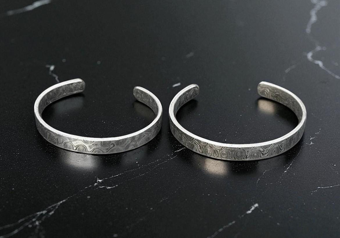 Hand Forged Damascus Steel Cuff Bracelet: Rustic Silver Swirl Design