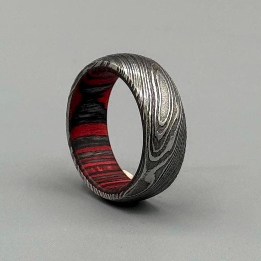 Damascus Steel Ring: Whiskey Barrel Wood Inlay, Mens Promise Ring