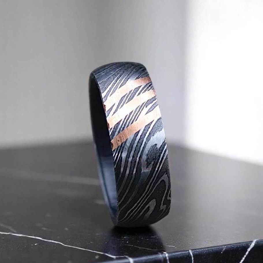 Damascus Steel Whiskey Barrel Wood Ring - Handmade Promise Ring