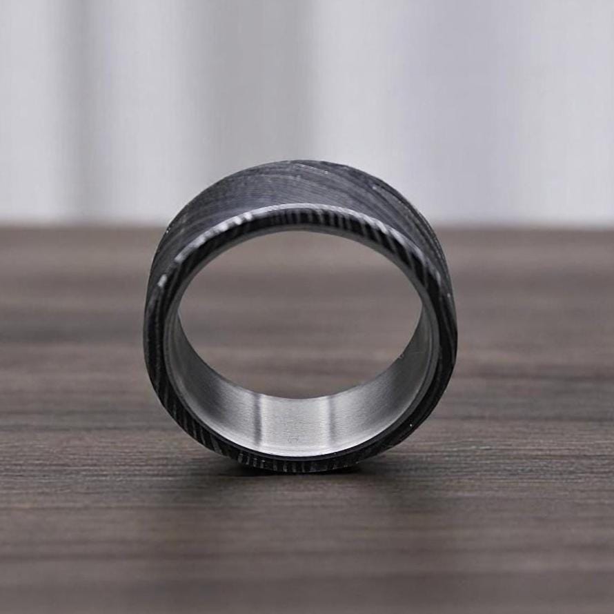 Handmade Damascus Steel Ring: Domed Wedding Band for Him