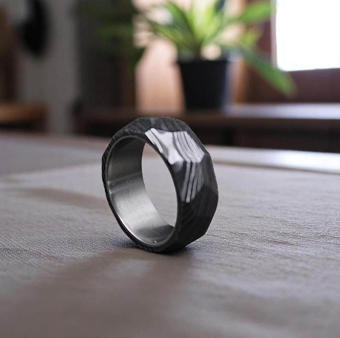 Damascus Steel Men's Ring: Rock Hammered Wedding Band