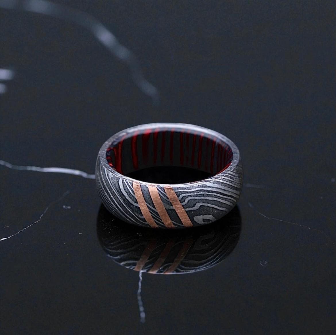 Damascus Steel Ring with Copper Inlay & Red Lining: Handmade Men's Wedding Band