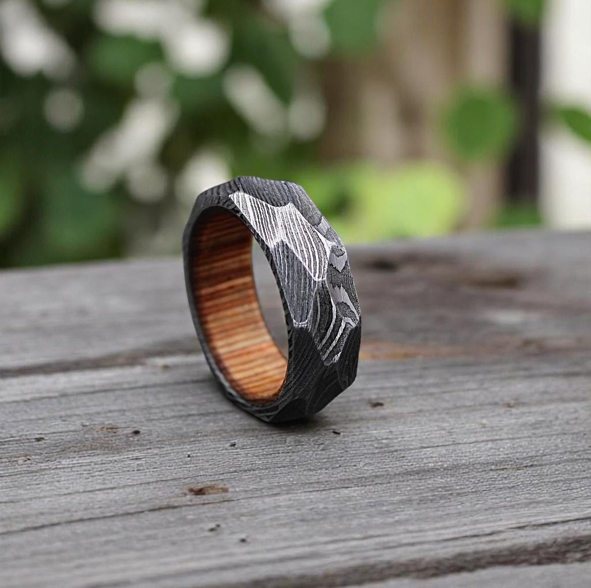 Twist Damascus Steel Ring: Rock Hammered Wedding Band
