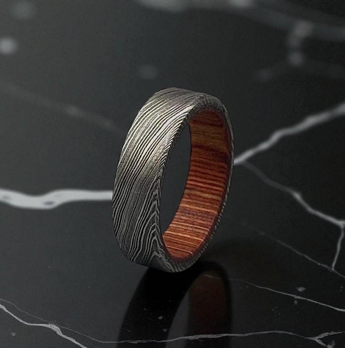 Damascus Steel Ring with Whiskey Barrel Wood Liner: Rustic Wedding Band
