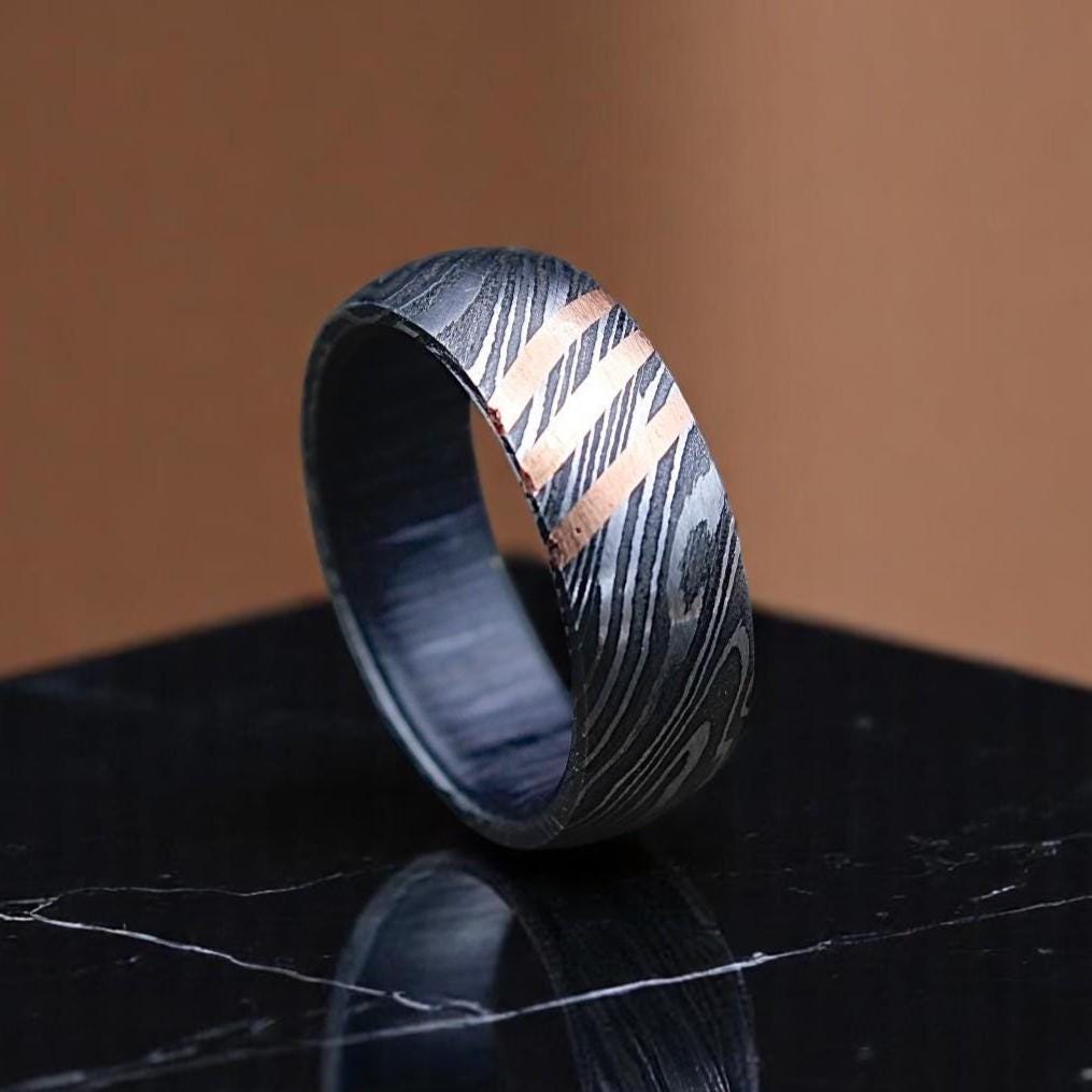 Damascus Steel Whiskey Barrel Wood Ring - Handmade Promise Ring
