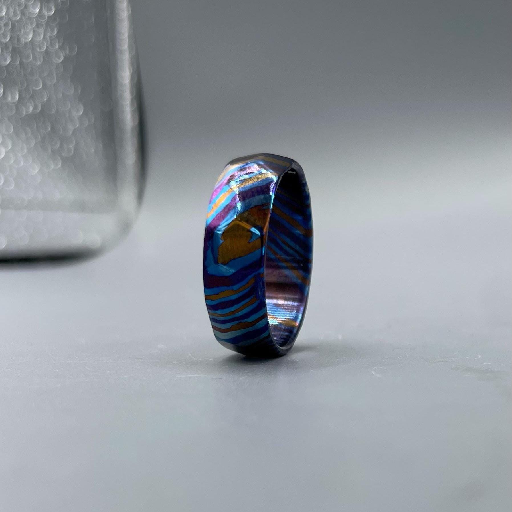 Anodized Timascus Ring: Multicolor Titanium Damascus Wedding Band