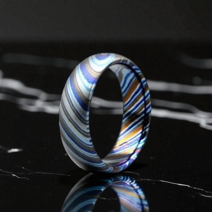 Handmade Zirconium Damascus Ring: Unique Black Wedding Band