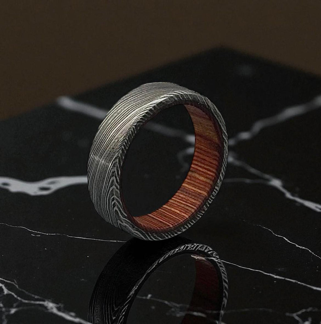 Damascus Steel Ring with Whiskey Barrel Wood Liner: Rustic Wedding Band