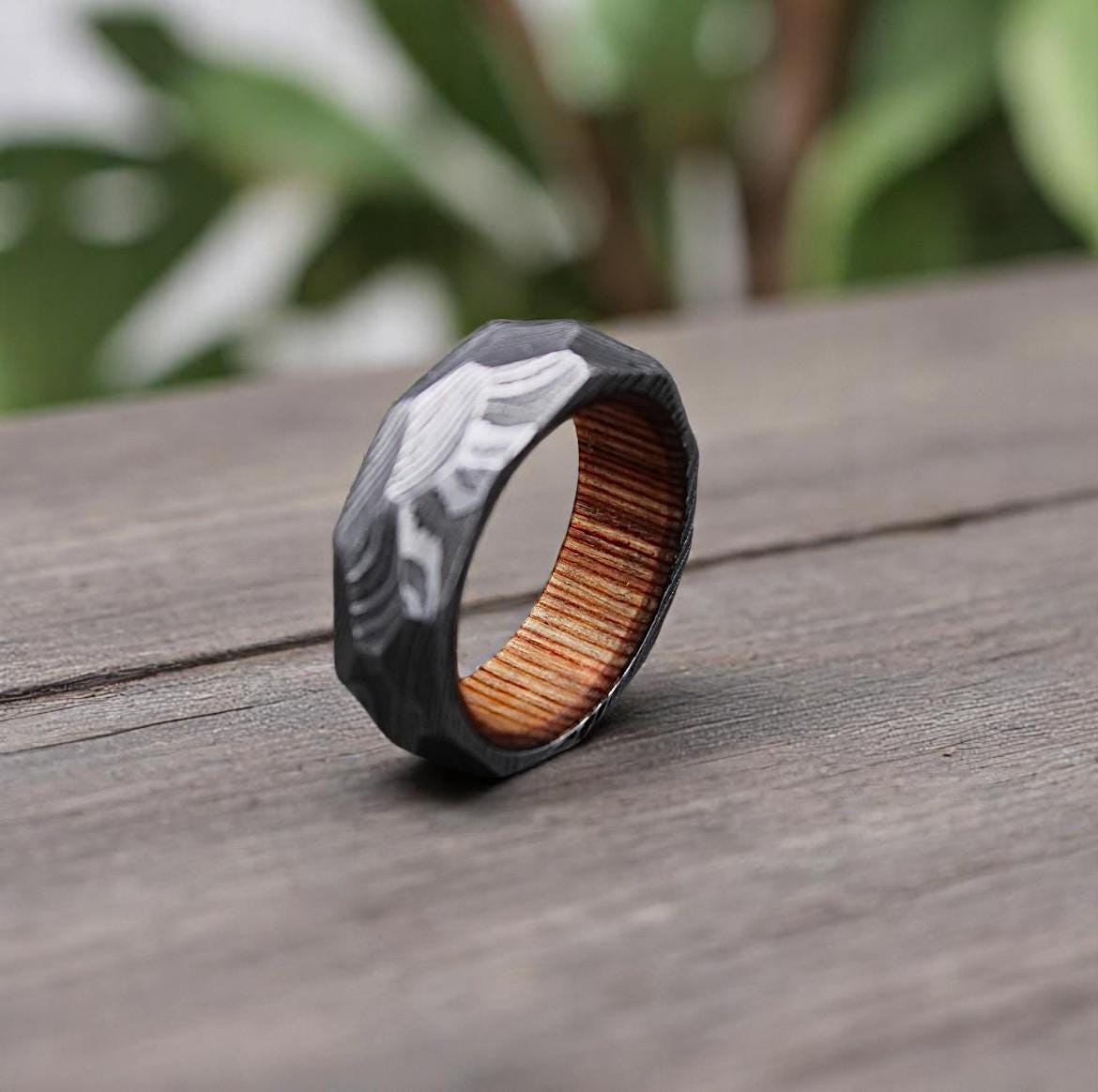 Twist Damascus Steel Ring: Rock Hammered Wedding Band