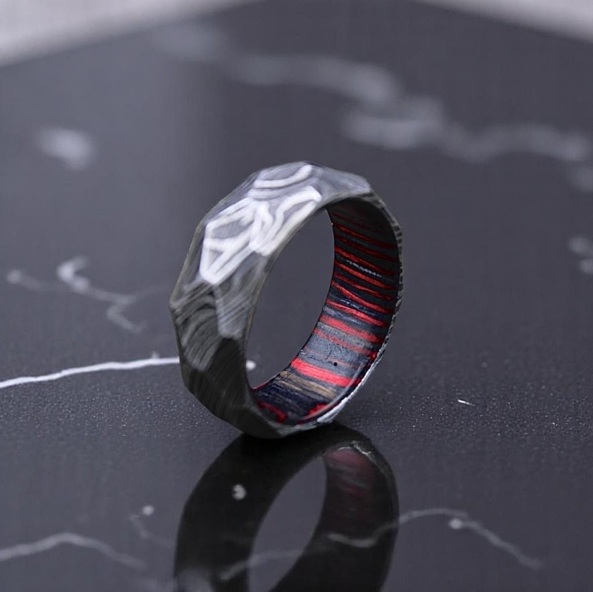 Handmade Damascus Steel Wedding Band: Whiskey Barrel Wood Inlay, Hammered Finish