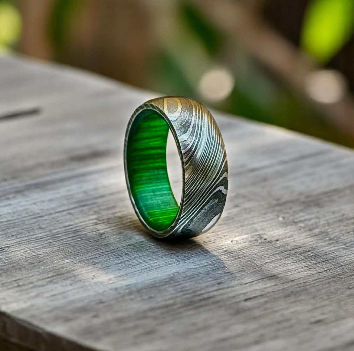 Damascus Steel Ring: Titanium Band with Green Interior