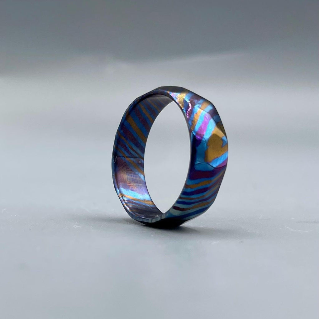 Anodized Timascus Ring: Multicolor Titanium Damascus Wedding Band