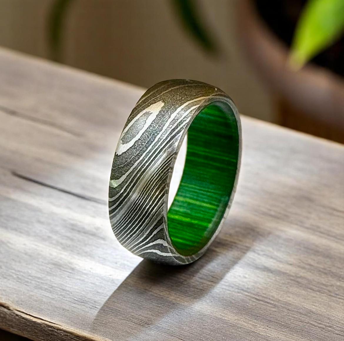 Damascus Steel Ring: Titanium Band with Green Interior