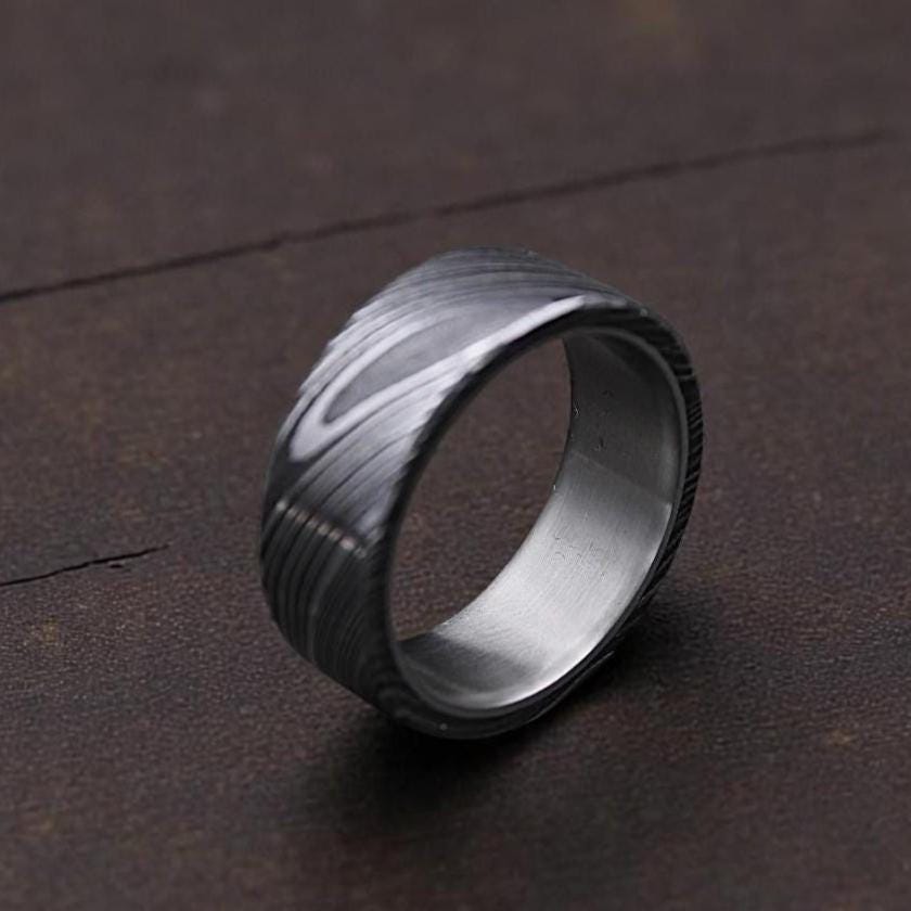 Handmade Damascus Steel Ring: Domed Wedding Band for Him
