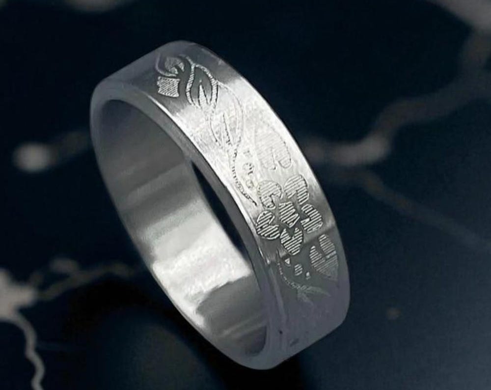 Engraved Titanium Ring – Floral Etched Men’s Band