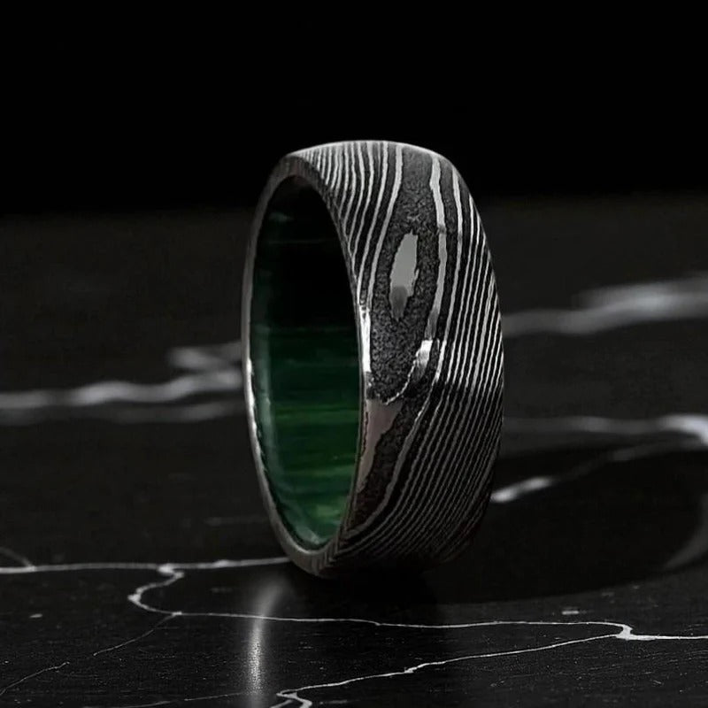Domed Damascus Ring with Green Inner – Handmade Men’s Wedding Band – Modern Bold Jewelry.