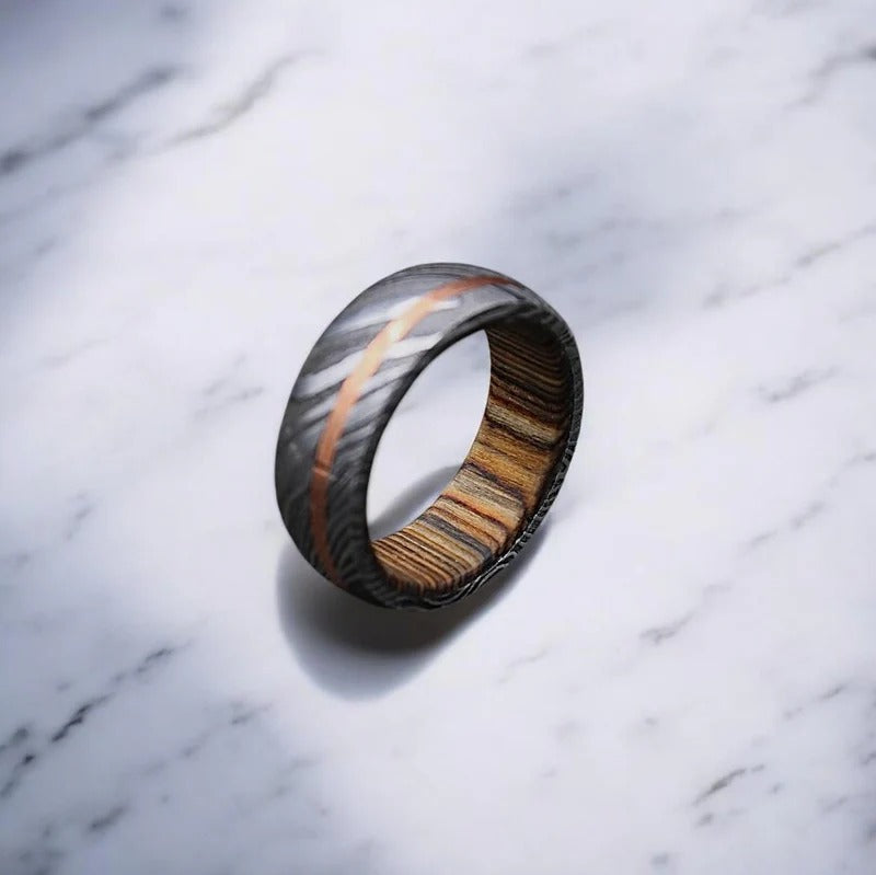Damascus Steel Ring: Whiskey Barrel Wood Inlay, Promise Ring