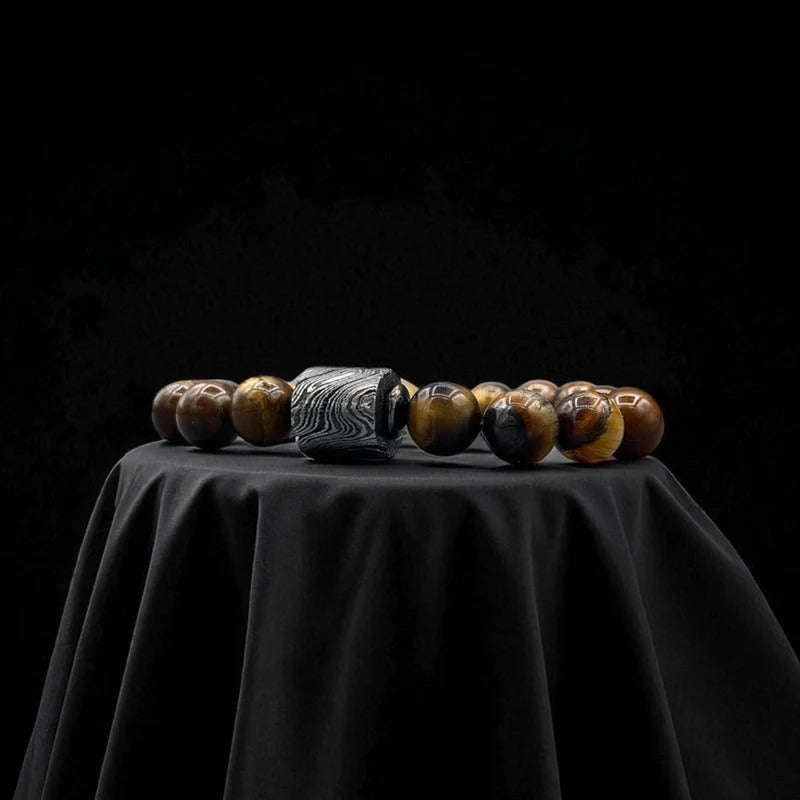 Tiger Eye Bead Bracelet with Damascus Steel Barrel – Handmade Gemstone Jewelry with Gift Box.