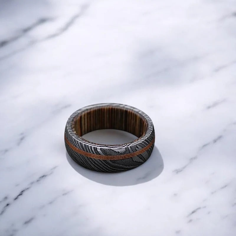 Damascus Steel Ring: Whiskey Barrel Wood Inlay, Promise Ring