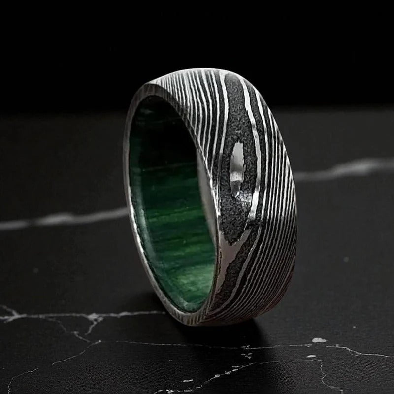 Domed Damascus Ring with Green Inner – Handmade Men’s Wedding Band – Modern Bold Jewelry.