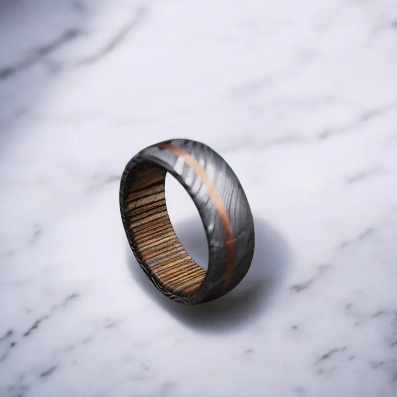 Damascus Steel Ring: Whiskey Barrel Wood Inlay, Promise Ring
