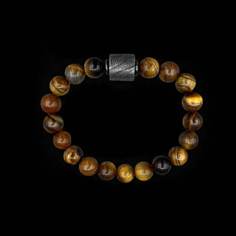 Tiger Eye Bead Bracelet with Damascus Steel Barrel – Handmade Gemstone Jewelry with Gift Box.
