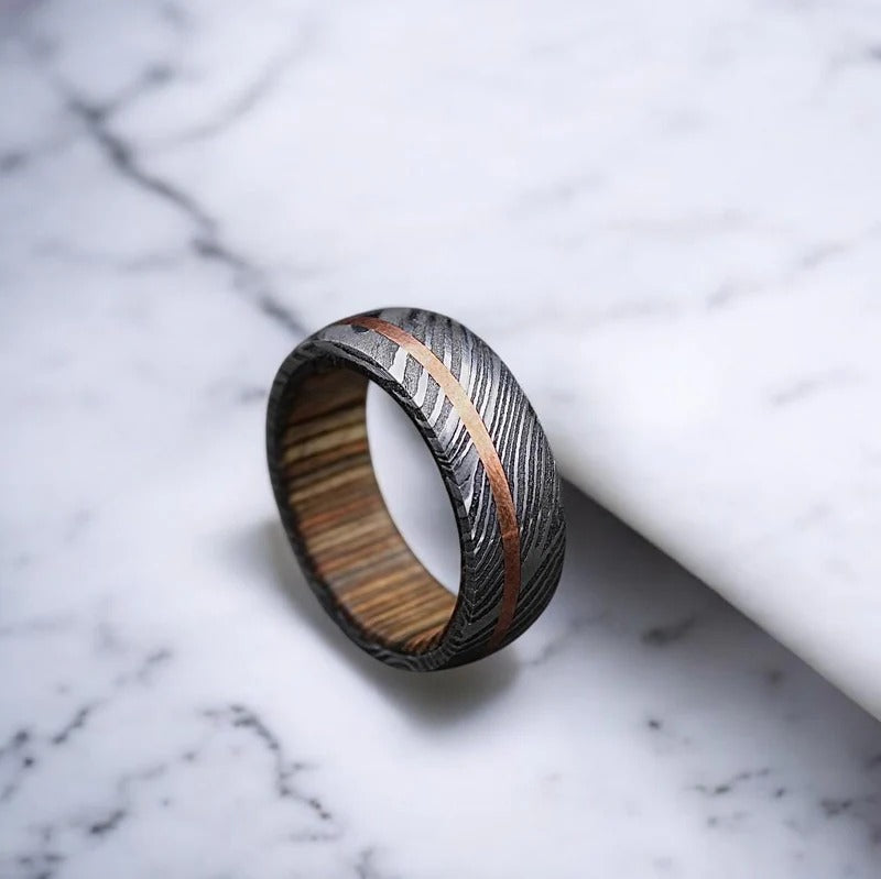 Damascus Steel Ring: Whiskey Barrel Wood Inlay, Promise Ring